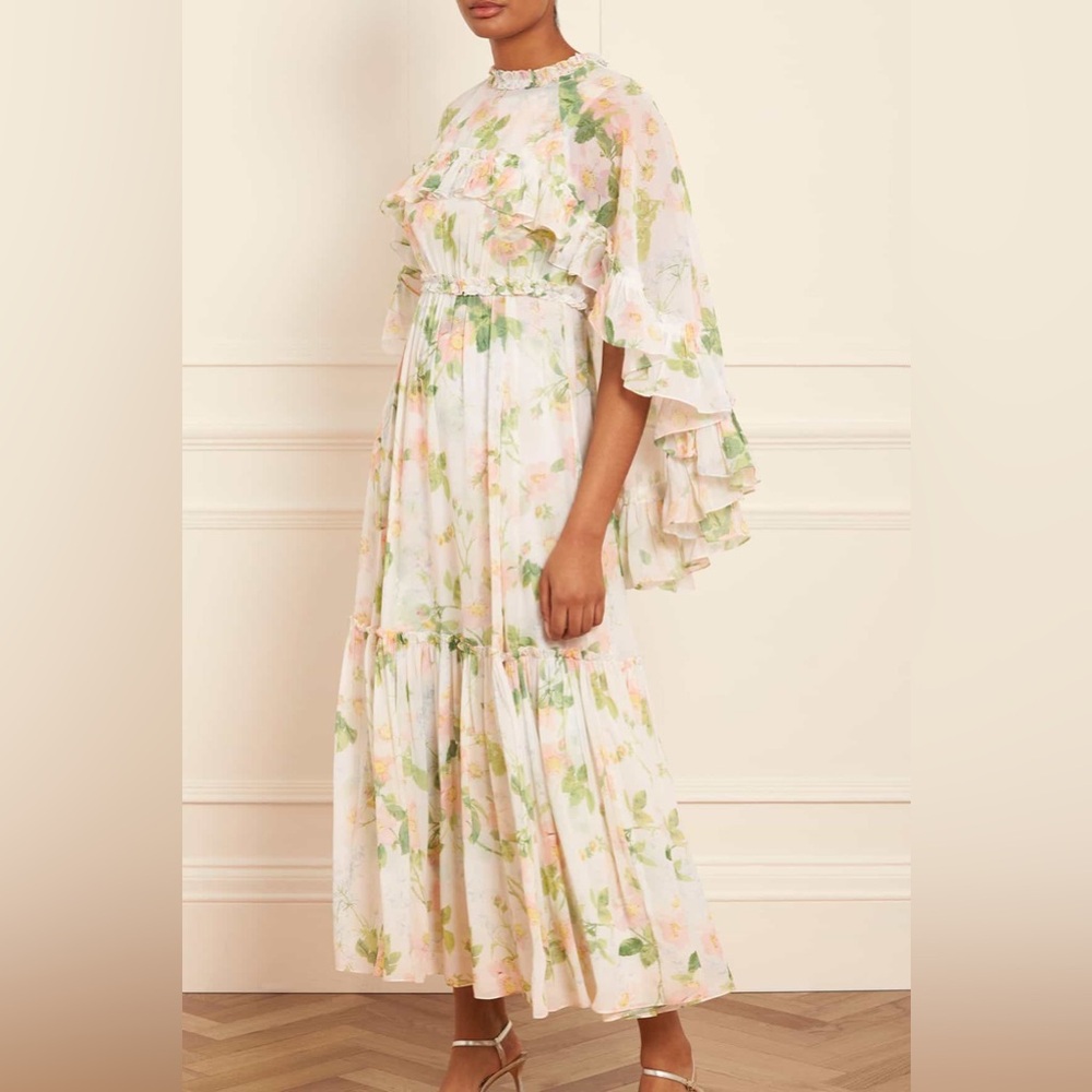 Needle & Thread White Floral Ruffle Maxi Dress with Green Accents - Picture 3 of 14